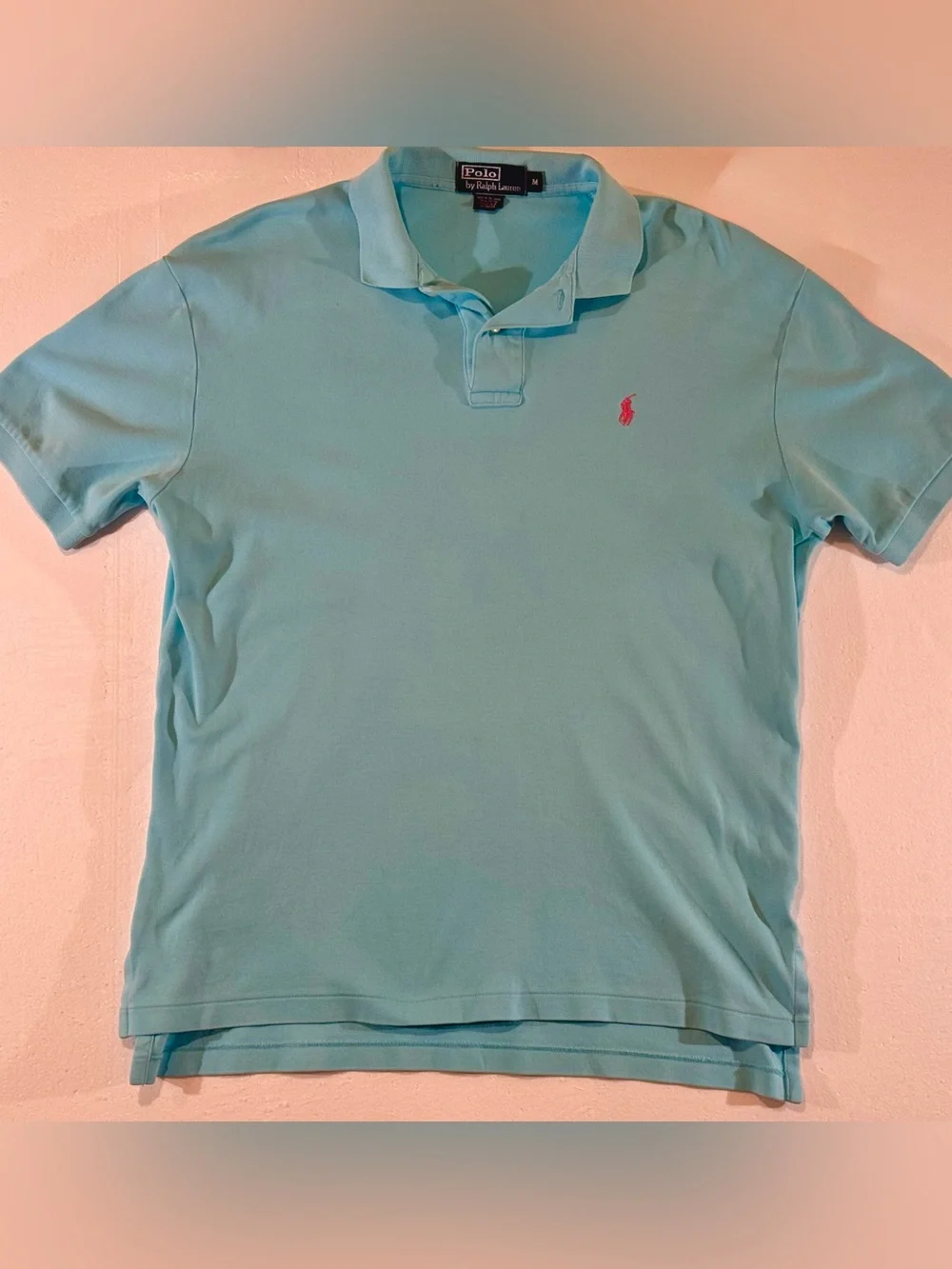 Ralph Lauren 100%  Cotton Short Sleeve Polo in Aqua with Pink Pony Men’s Medium